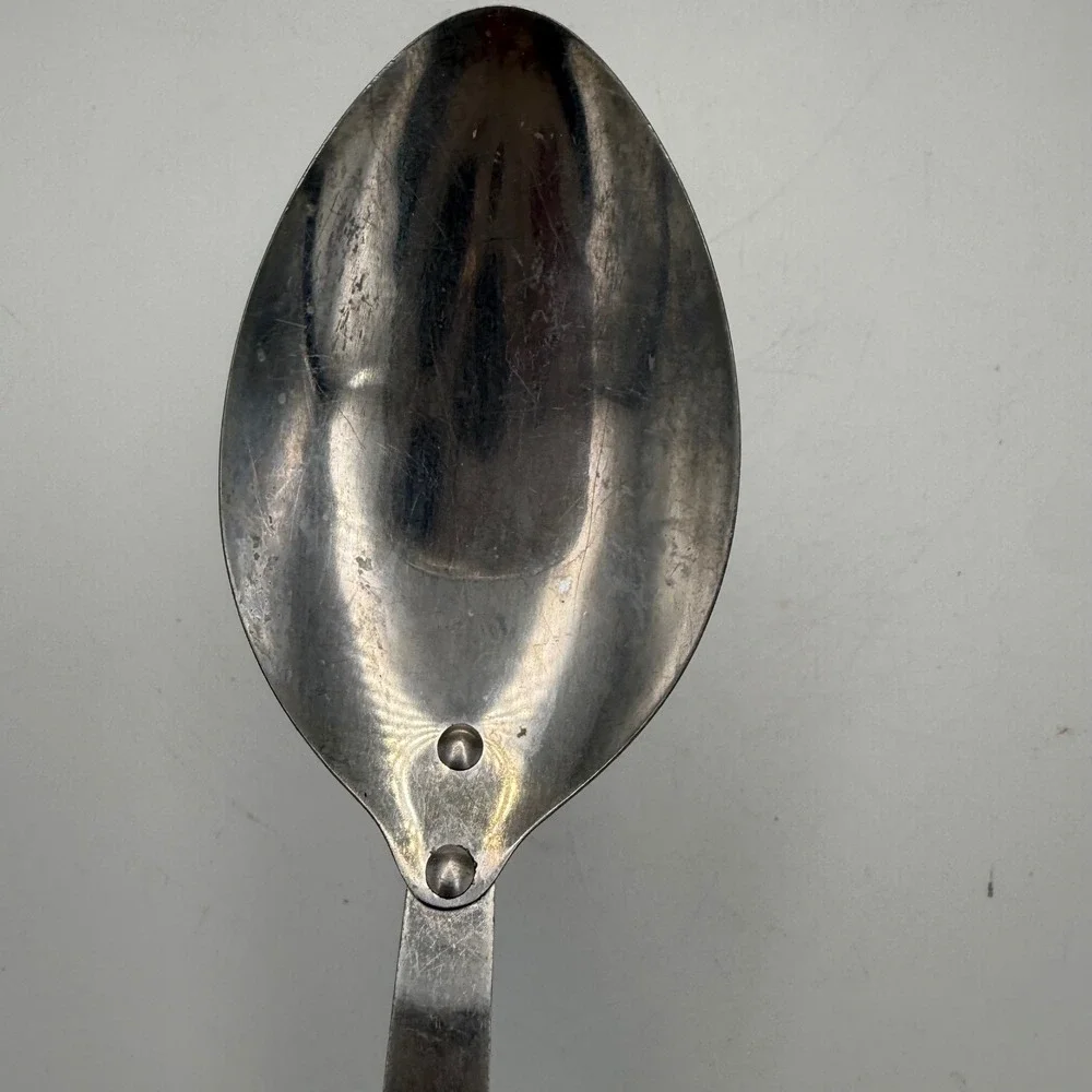 Vintage Stainless USA Serving Spoon Faux Wood Handle Brass Rivets 11.5 Inch